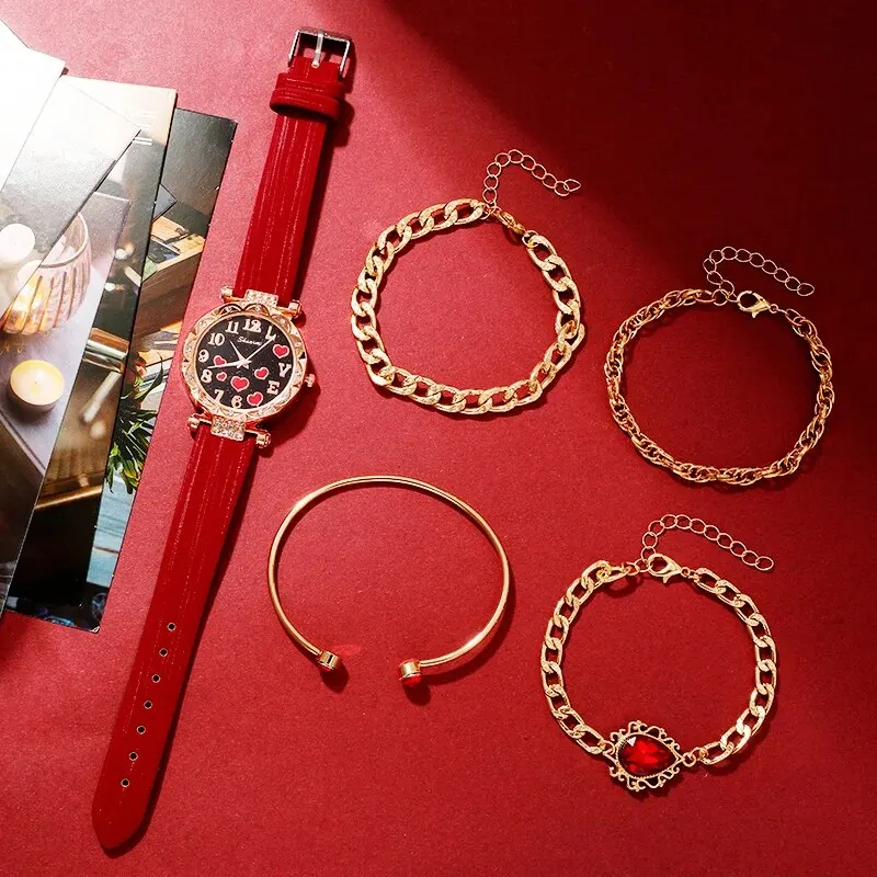 5Pcs Set Fashion Heart Bracelet Set Ladies Elegant Dress Clock Luxury Casual Simple Watches for Women Montre Femme 2