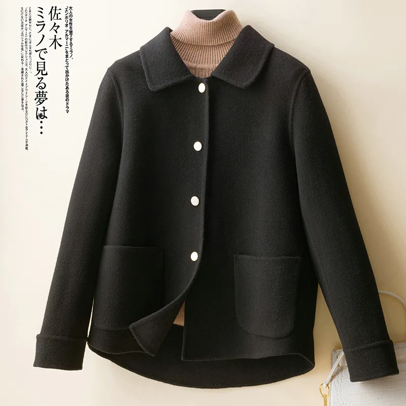 Pure Wool Autumn and Winter New Women's Short Coat Simple Casual Polo Collar Pure Color Warm Keeping Knitted Cardigan