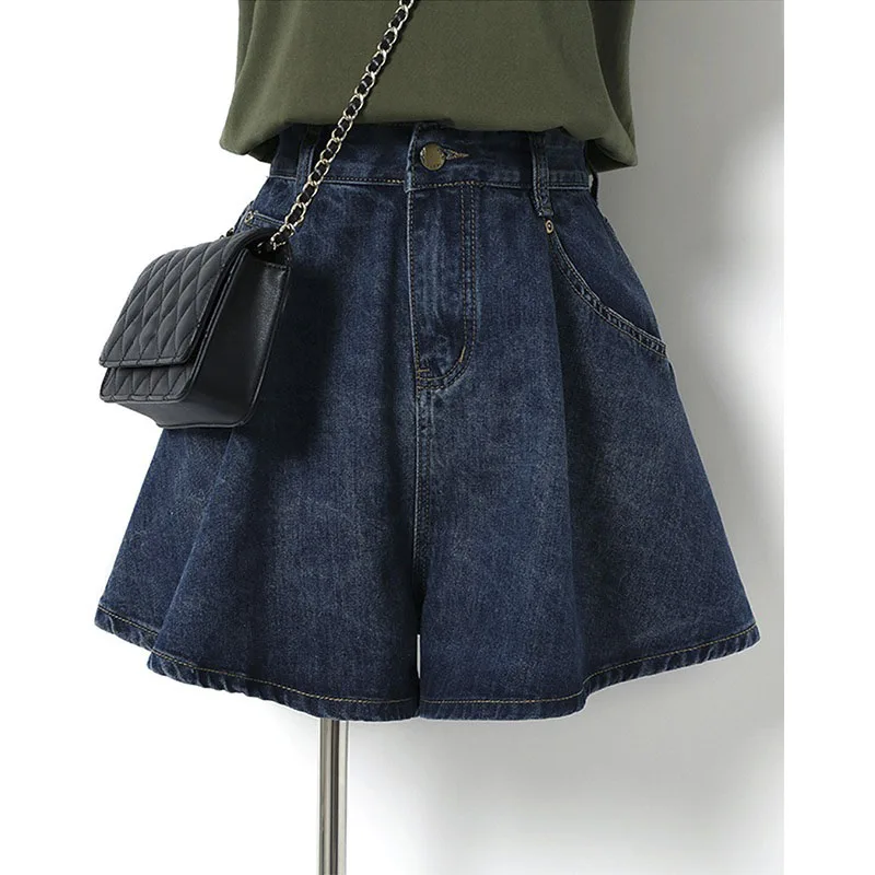 

MODX Summer Loose Wide-legged Denim Shorts for Women Dark Blue High Waisted A-line Hot Pants