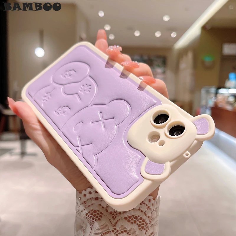

Cute Bear Pattern Leather Case for iPhone 13 12 11 Pro Max X XS XR 8 7 Plus SE 3 2 Camera Protection Shockproof Soft Cover Capa