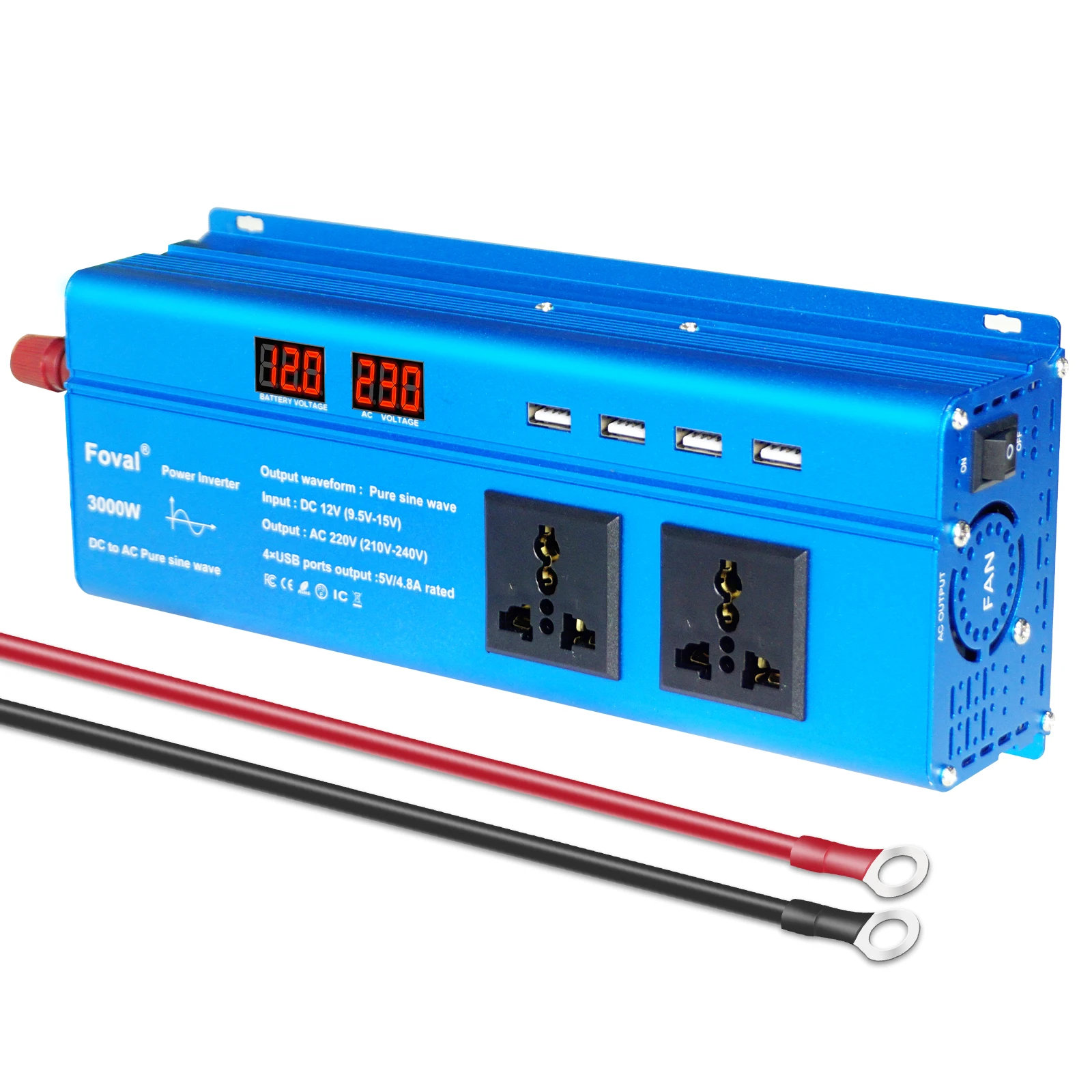 3000W Pure Sine Wave Inverter DC 12V To AC 220V 230V LED Display 4USB Power Converter EU Universal Socket