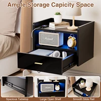 Настенная плавающая тумбочка, однослойный ящик, прикроватная тумбочка с розеткой 1 переменного тока/2 светодиодная подсветка USB, черный — изображение 4