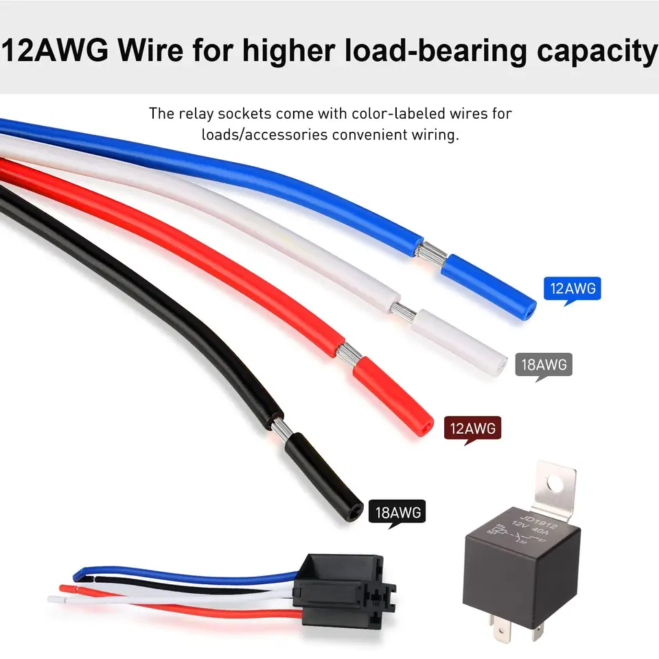 Cotonlake 12V 40A 4-Pin SPST Relay Harness Sockets (2-Pack) – Waterproof, Color-Coded Wires For Car, Truck, Boat Wiring
