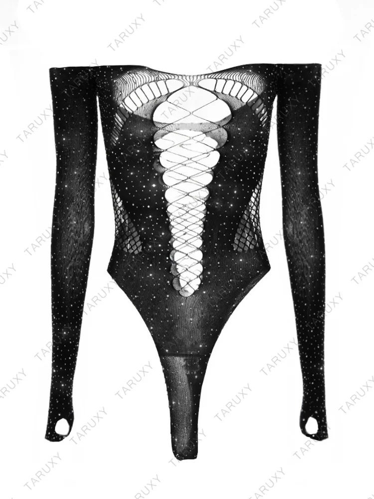 Hollow Out Lace Hot Bodysuit Top Lingerie For Women Mesh See-through Long Sleeve Body Tops Female Nightclub Bodysuits