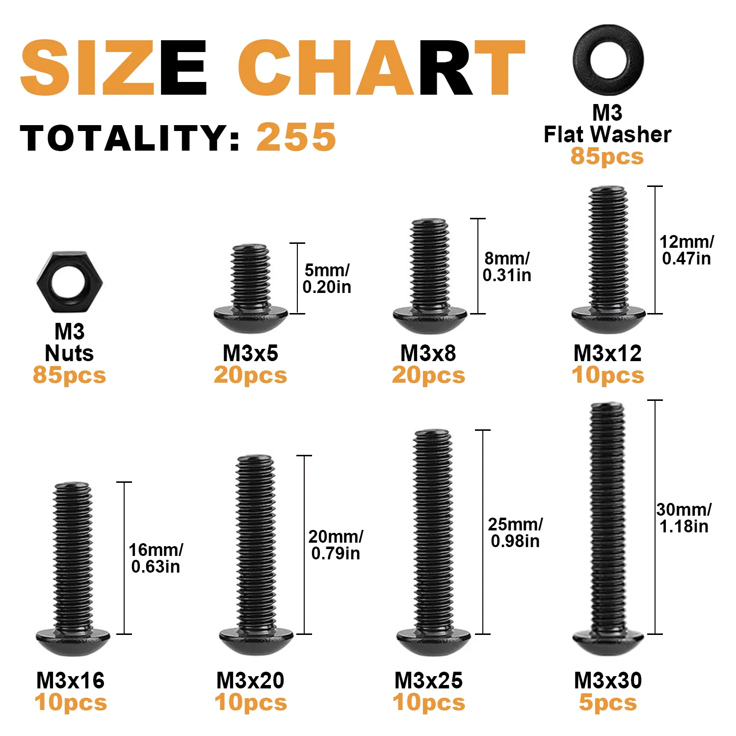 Screw Washer Nut Kit 255 Pieces M3 Hex Head M3x5/8/12/16/20/25/30mm Black Button Head Hex Socket