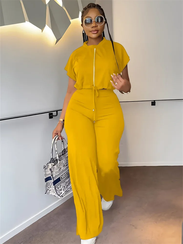 Wmstar Women Two Piece Set Casual Solid Color Short Sleeve Drawstring Zipper Jacket + Streetwear Straight Pants Matching Outfits