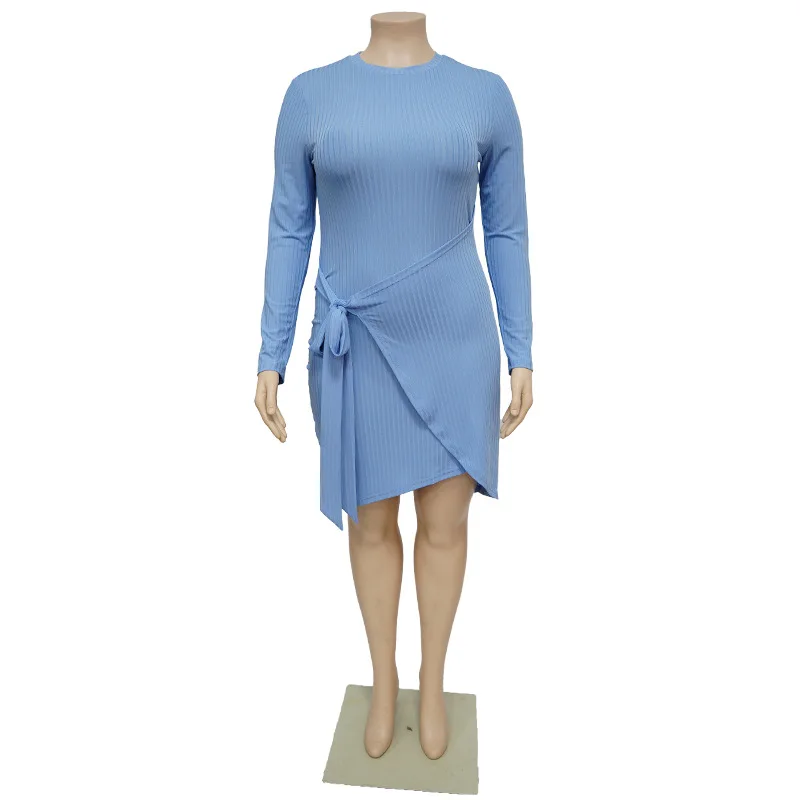 Fashion Solid O-Neck Plus Size Long Sleeve Princess Dress Lady Elegant Pit Strip Bandage Bag Hip High Elasticity Irregular Skirt