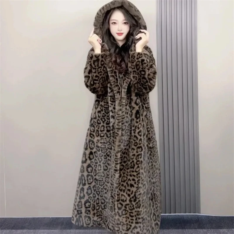 Imitated Mink Velvet Jacket Women Leopard Print Lazy And Stylish Extended Coat For Women Winter Hooded Warm And Thick Fur Coat