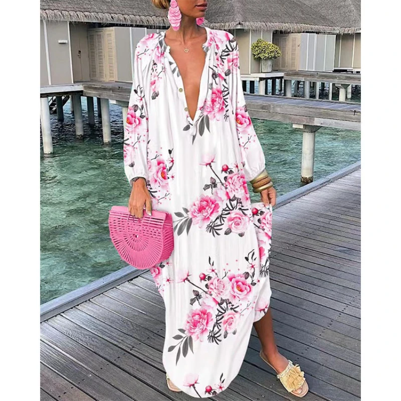 

Preciosoo Women‘s V-neck Loose Long-sleeve Bohemia Printed Dress Solid Lrregular Casual Elegant Floor Ength Streeswar Daily Robe