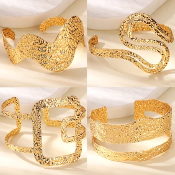 Die-casting Irregular Wave Bangles for Women Gold Color Geometric Layered Cuff Bangle Bracelet femme Vintage Wedding Jewelry
