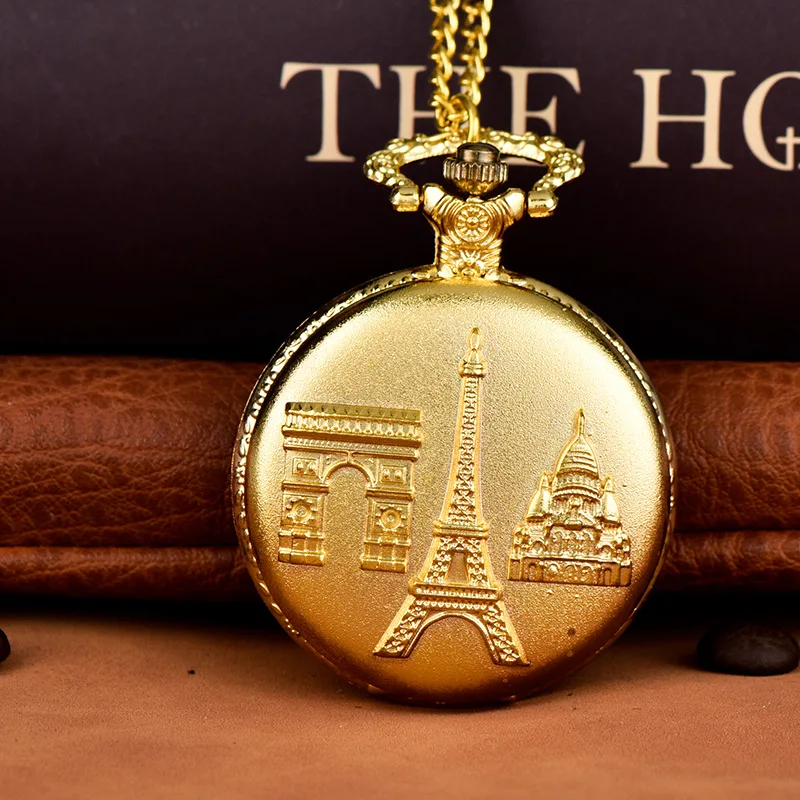 

Vintage Paris Tower Carving Quartz Pocket Watch for Men Engraved Hollow Case Fob Chain Clock for Collection Gift Analog Display
