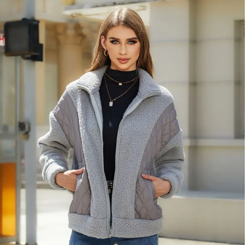 

Women's Flash Fleece Long Sleeve Cardigan 2023 European and American Autumn and Winter New Fashion Zipper Plush Spliced Coat