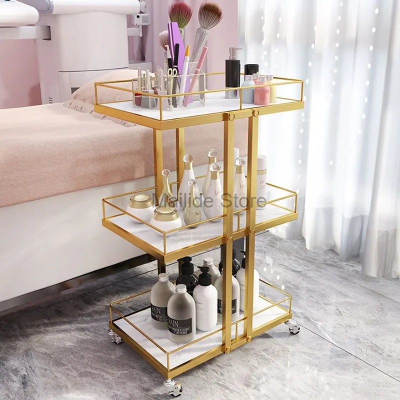 Modern Minimalist Iron Trolleys Light Luxury Salon Furniture Beauty Salon Mobile Rack Multi-layer Tool Cart Home Storage Trolley