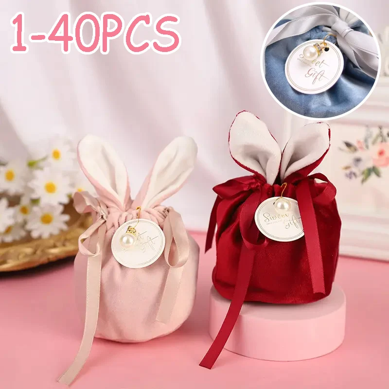 1/10/20/40PCS Easter Bunny Bags Rabbit Ears Velvet Bags Wedding Candy Boxes Gift Boxes Easter New Year Home Decoration