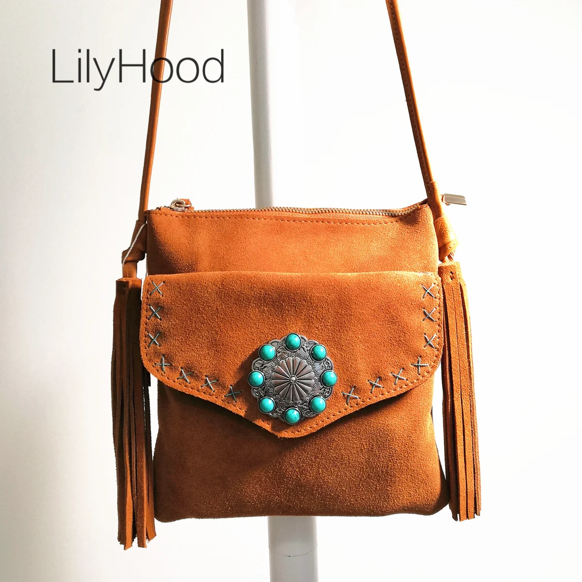 

Women Genuine Leather Suede Bohemian Pouch Handbag Boho Chic Gypsy Hippie Tribal Ethnic Ibiza Small Size Phone Side Sling Bag