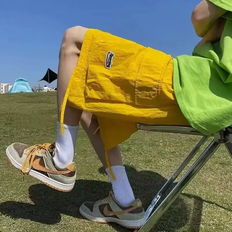 Korean Summer Men's Solid Elastic High Waisted Drawstring Pockets Loose Straight Thin Quick Drying Beach Casual Wide Leg Pants