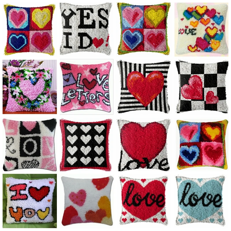 

Love & Heart Latch Hook Cushion Kits Pillow Case Crochet Hobby & Crafts DIY Yarn for Embroidery Cushion Cover Sofa Bed Pillows