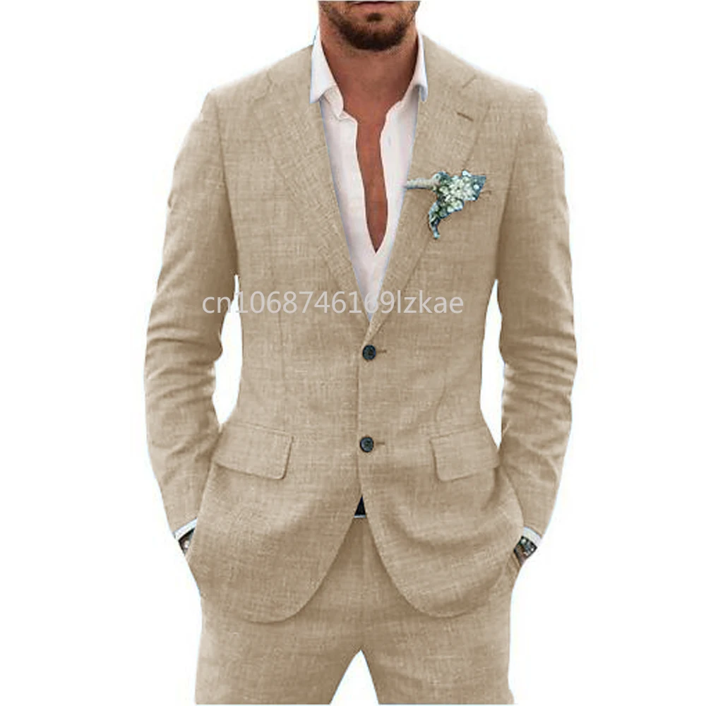 2024 lino tessuto adatto completo da uomo colletto con risvolto monopetto 2 pezzi Set elegante uomo abiti Blazer di alta qualità - immagine 3