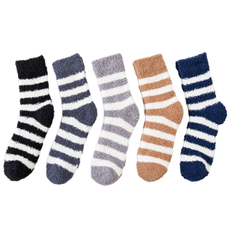 5 Pairs Men Winter Cozy Fuzzy Warm Slipper Socks Striped Print Thick Coral Plush Thermal Sleeping Gifts