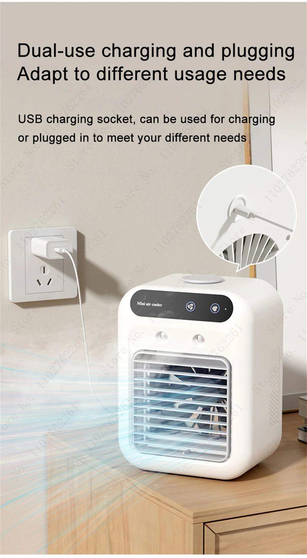 Climatiseur Mobile Portable Sans évacuation - Rechargeable USB, 3 Vitesses, Humidificateur - Pour Bureau, Chambre