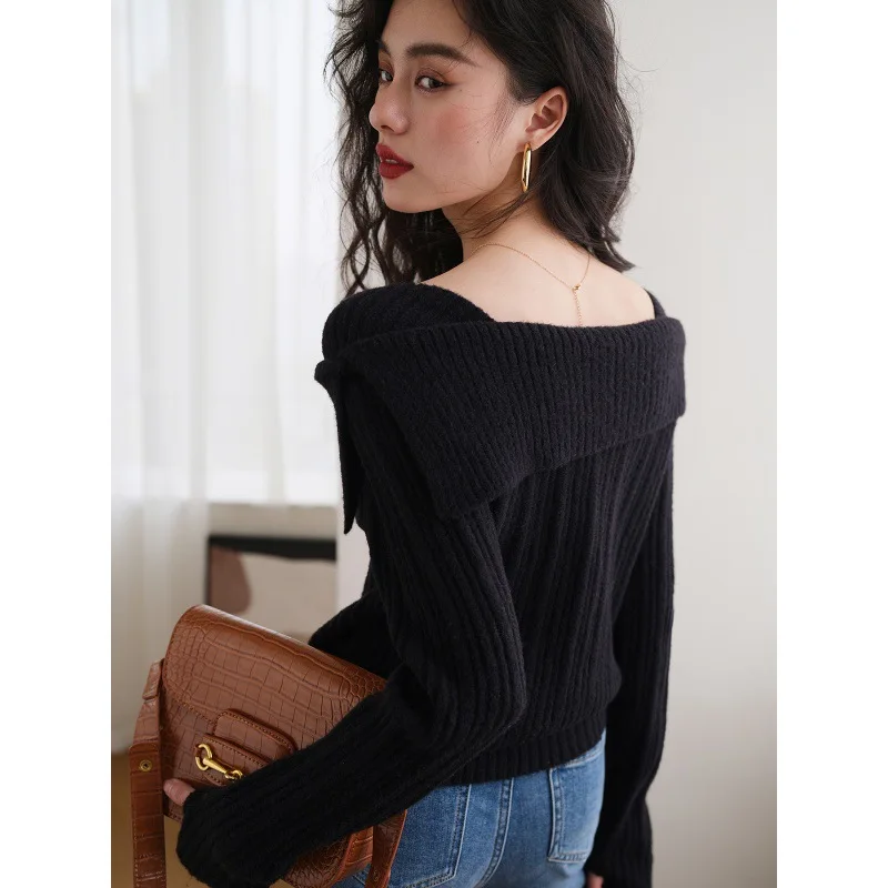 Slash Neck Knitted Sweater Women Sexy Off Shoulder Long Sleeve Pullovers Female Korean Elegant Thicken Slim  Top 5