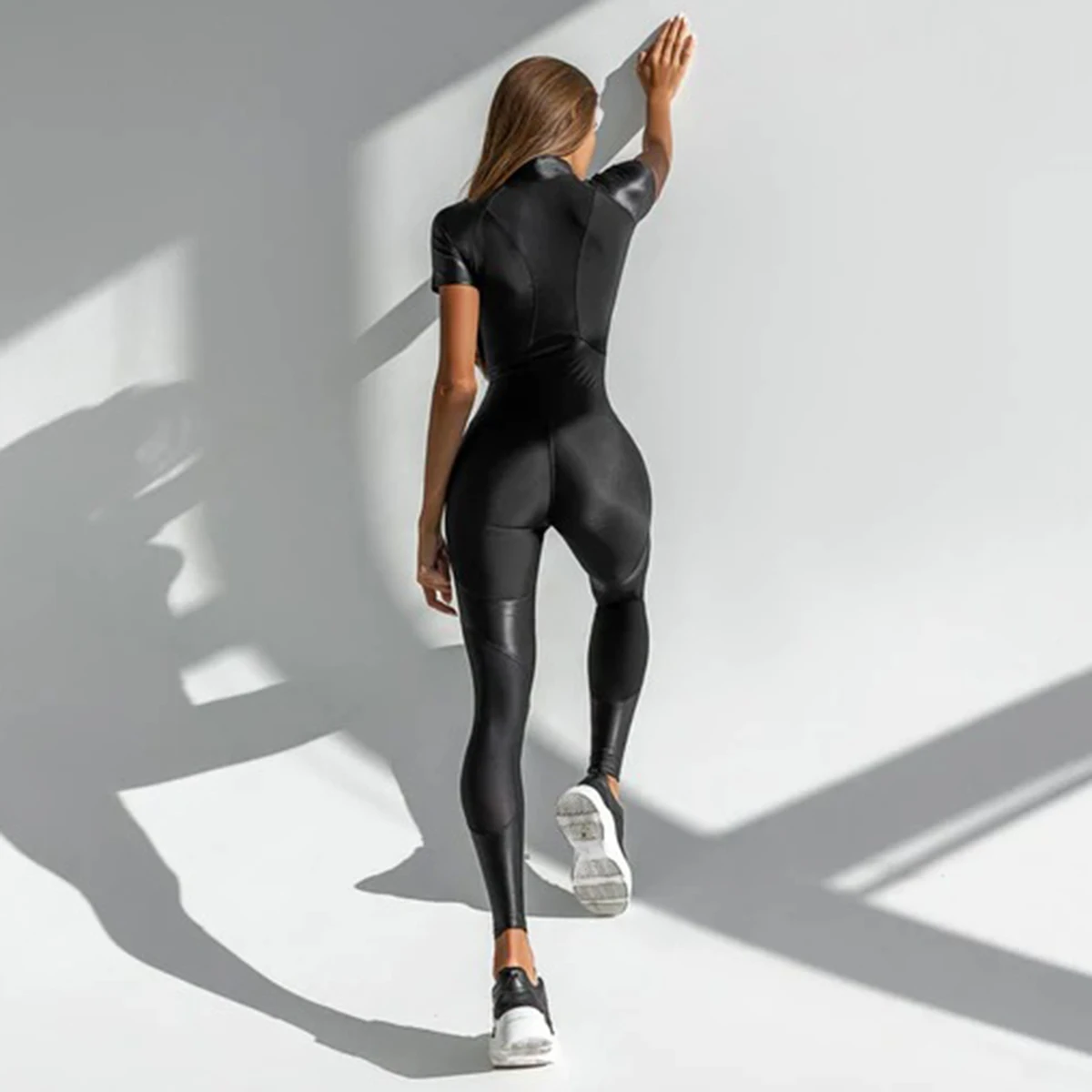 Krismile Women Sexy Jumpsuits Solid Color Zipper V-Neck  Short Sleeves Black Leather Tight Bodysuit 2024 New