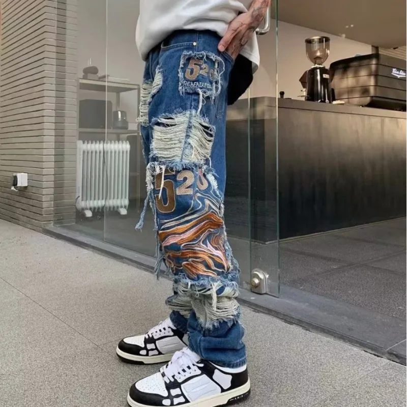 OIMG Y2K Streetwear Baggy Ripped Stacked Jeans Pants Men Straight Kanye Old Hip Hop Denim Trousers