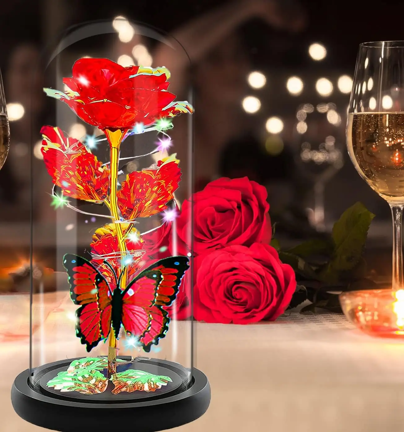 Enchanted Galaxy Glass Rose with Illuminated Crystal Flower and Butterfly Moth in Glass Dome