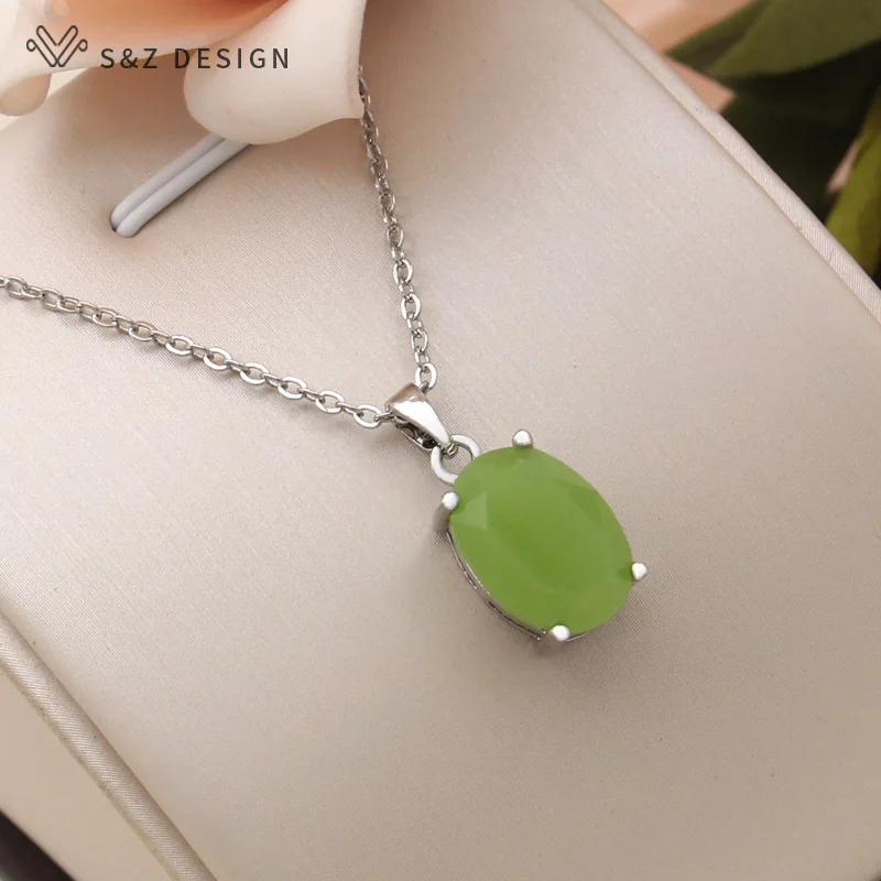 S&Z DESIGN New Fashion Oval Egg Shape Imitation Jade Glass Pendant Necklace For Women Elegant Party 585 Rose Gold Color Jewelry