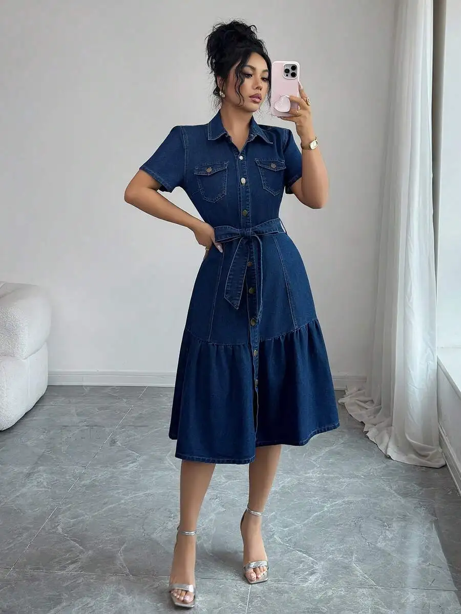 Womens Denim Shirt Dress With Button Front And Belted Waist 2