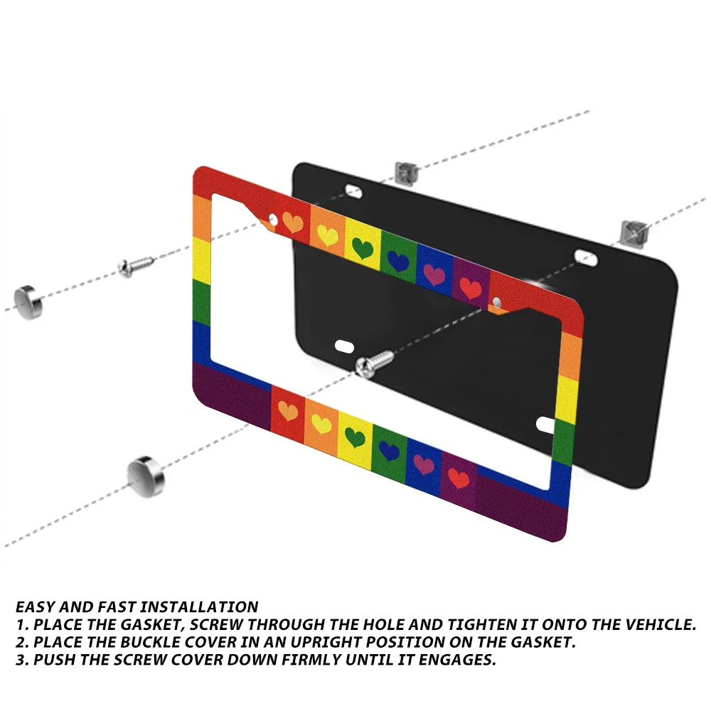2개 LGBT 무지개 하트 번호판 프레임 무지개 하트 번호판 프레임 자동차 번호판 홀더 알루미늄 다채로운 디자인