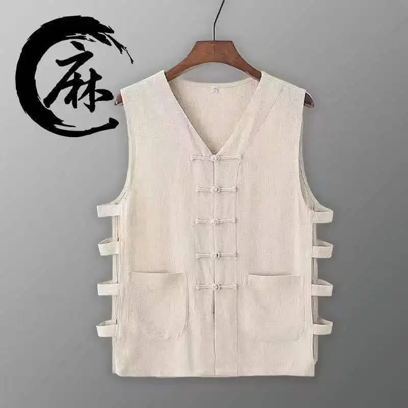 

Chinese Style Old-fashioned Men Summer Thin Style Flax Vest Solid Color V-neck Frog Comfortable Hollow Large Size Sweatshirt