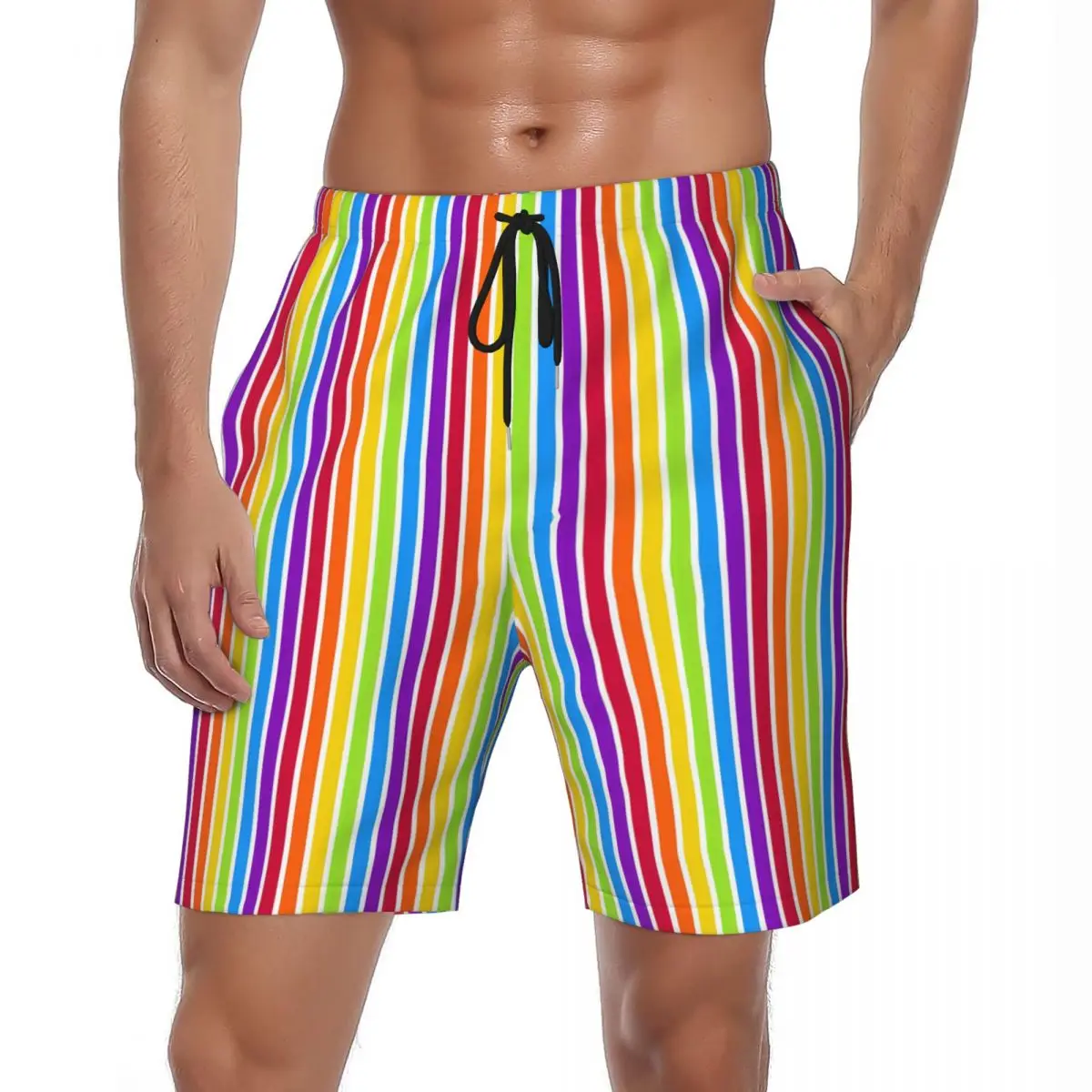 

Summer Board Shorts Males Rainbow Stripes Running Surf Bright Colorful Design Beach Short Pants Casual Quick Drying Beach Trunks