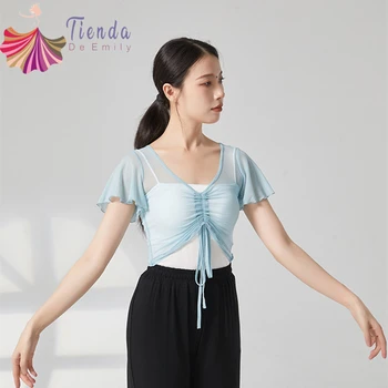 Costume da danza classica per donna, abito sari a maniche corte con volant, coulisse, garza, maglia, performance, abiti da allenamento per balletto