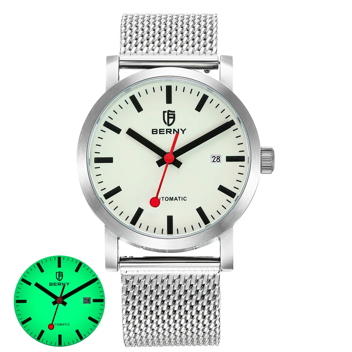 BERNY Top Quality Automatic Men's Watch Supper Luminous Self-Wind Sapphire Waterproof 316L Steel Mesh Belt Mechanical Men Watch