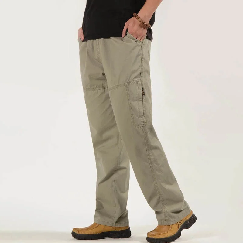 Cotton Plus Size Men's Loose Multi-Pocket Casual Pants Sports Elastic Waist Solid Color Long Four Seasons Cargo | Мужская одежда