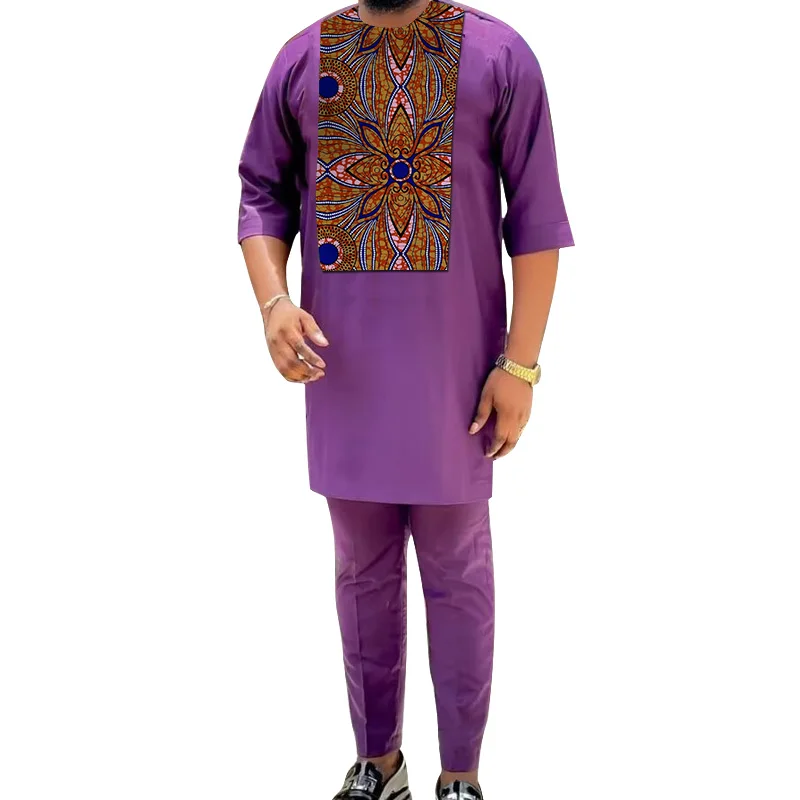 

Half Sleeve Shirt+Solid Pant Patchwork Tops Purple Men's Set Tailored Nigerian Fashion Party Male Outfits