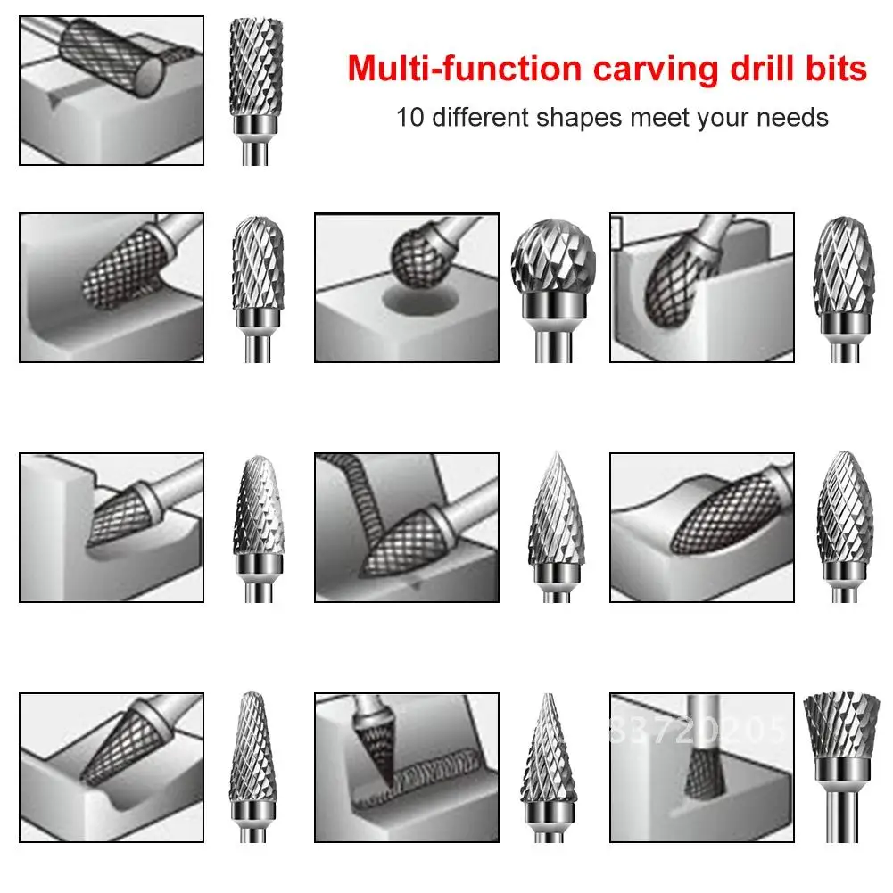 

Double Shank Rotary Cutter Tungsten Solid Carbide Burr Bits Metal Die Grinder Carving Engraving Set 1/8" Shank 10Pcs Shank Burr