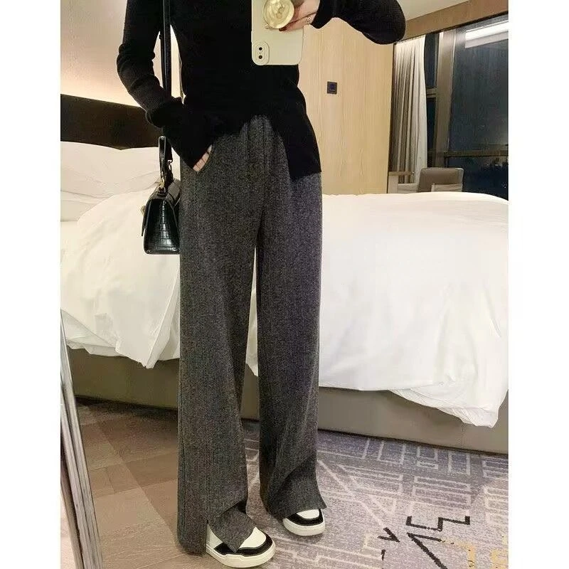 Deeptown Woolen Pants for Women Autumn Winter High Waist Wide Leg Trousers Old Money Style Loose Straight Pants Vintage Fashion