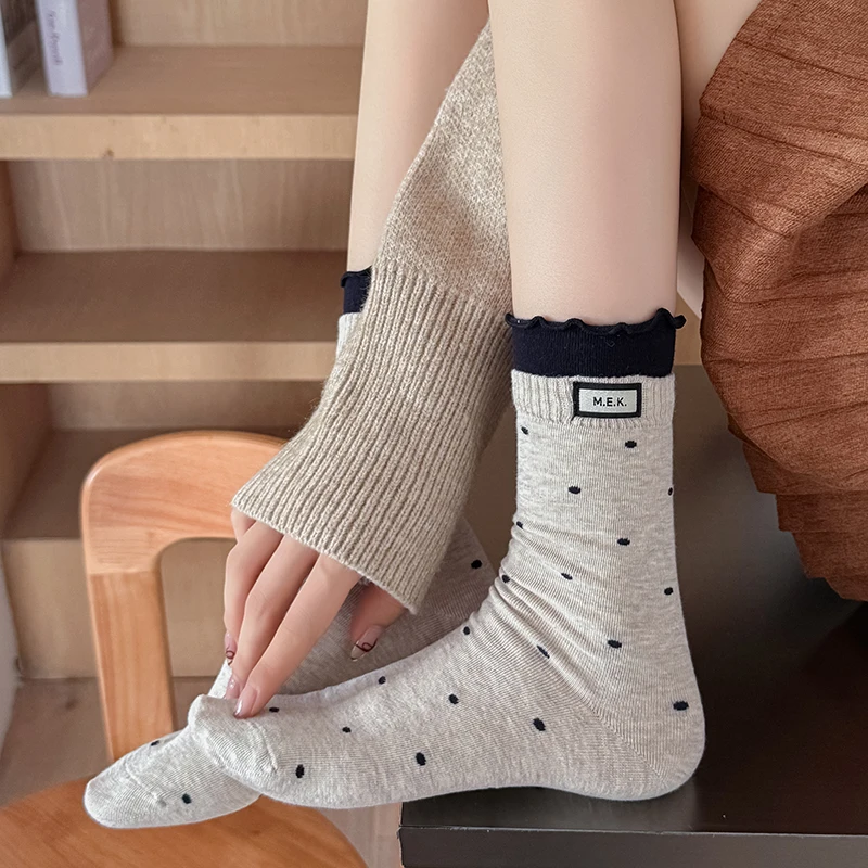 Socks For Women New Dots Cute Frilly Casual Fashion Long Socks Breathable Preppy Style Ladies Novelties Socks Cotton Soft Comfy - 3