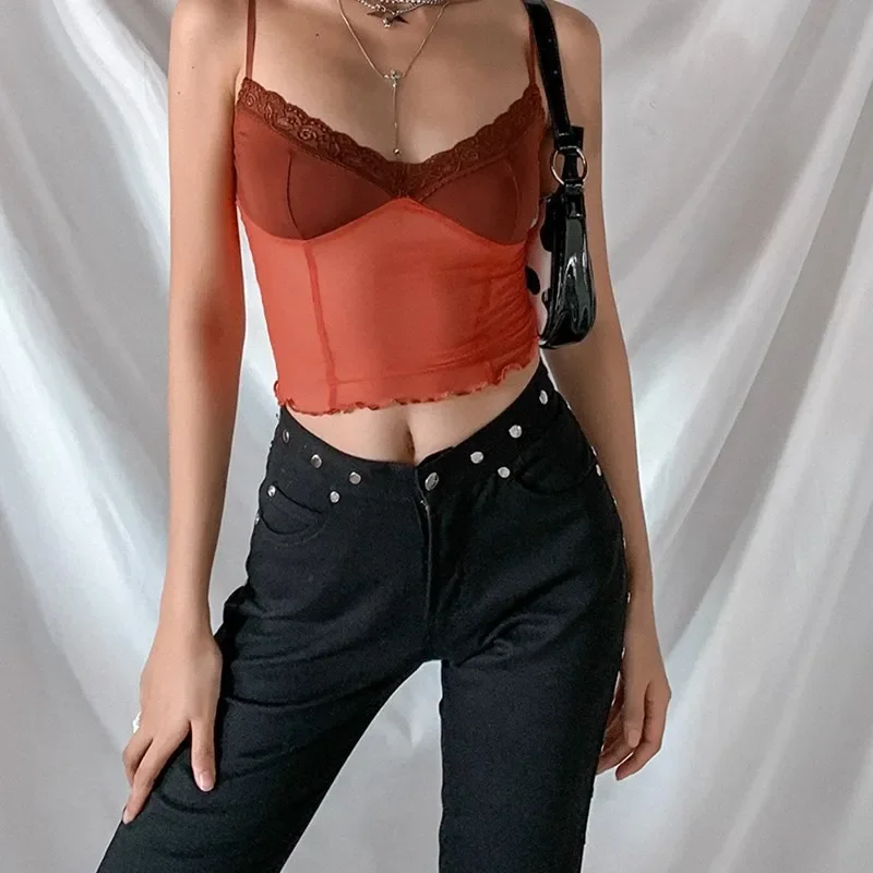 

Lace Perspective Strappy Women Undershirt Sexy Crop Tops Female Korean Style Y2k Tops Vest Fashion Camisole Summer 2023 Vintage