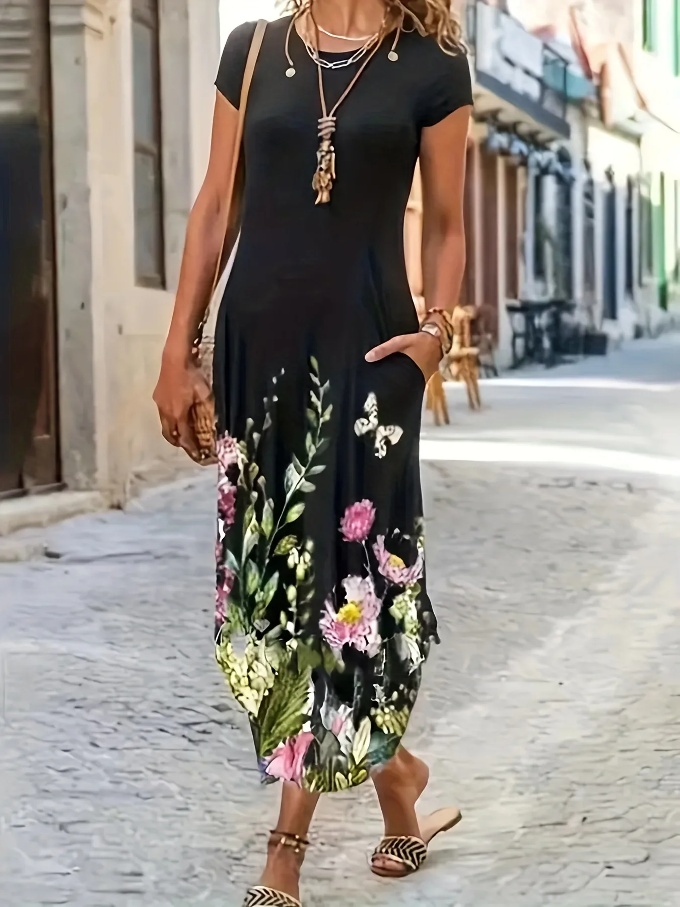 Damska letnia nowa moda codzienna z nadrukiem sukienka z kieszeniami damska sukienka średniej długości