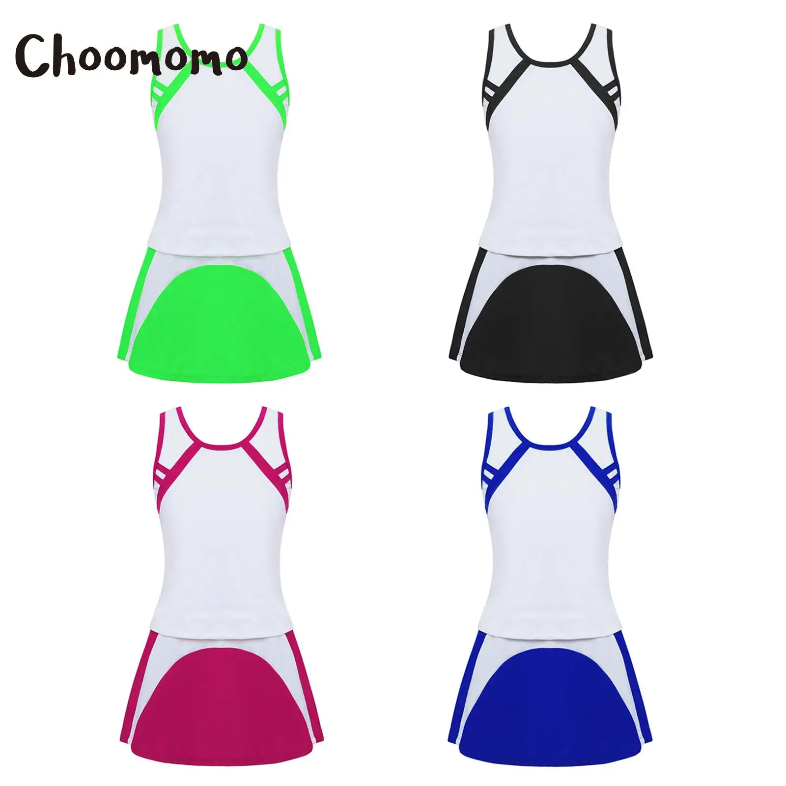 

Choomomo Kids Girls Sleeveless Colorblock 2 Piece Polyester Vests and A-line Skirts Set for Tennis Badminton Sportswear Workouts