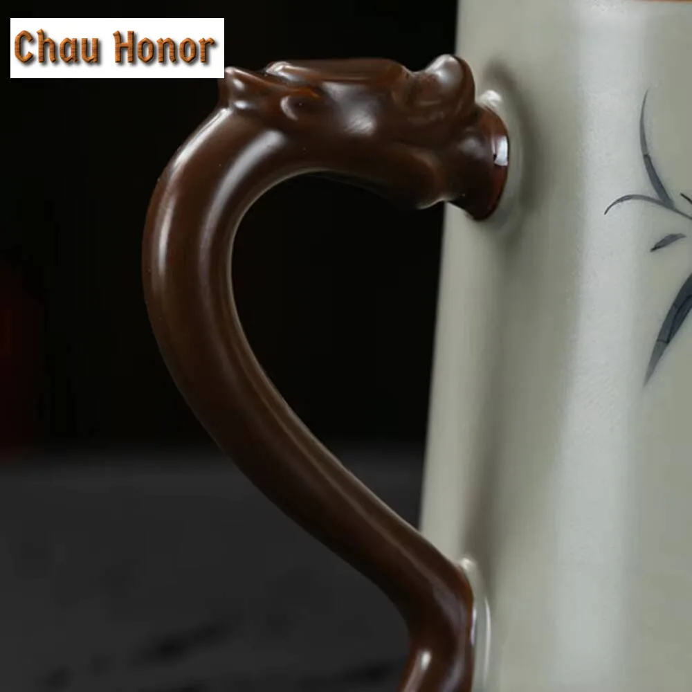 390ml Hand-painted Beige Ru Kiln Open-piece Ceramic Tea Cup Office Cup with Lid Filtered Water Cup Personal Use Mug Gift Box