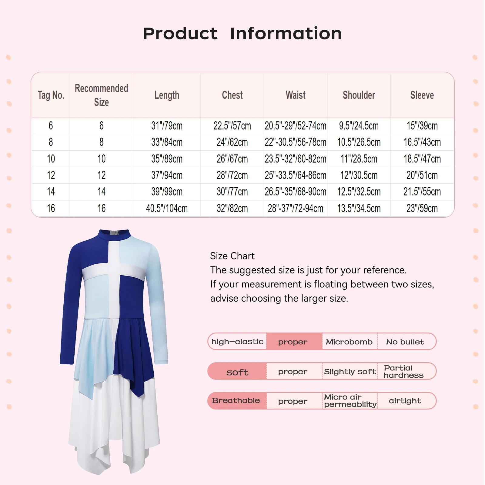 TiaoBug Kids Girls 6 to 16 Years  Color Block Lyrical Dance Dress Choir Performance Costume Long Sleeve Irregular Hem Dresses