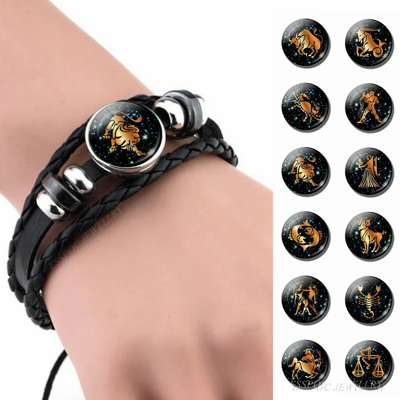 12 Constellation Leather Bracelet Zodiac Sign Handmade Glass Cabochon Black Punk Mens Jewelry Horoscope Astrology Birthday Gift bracelet jewelry