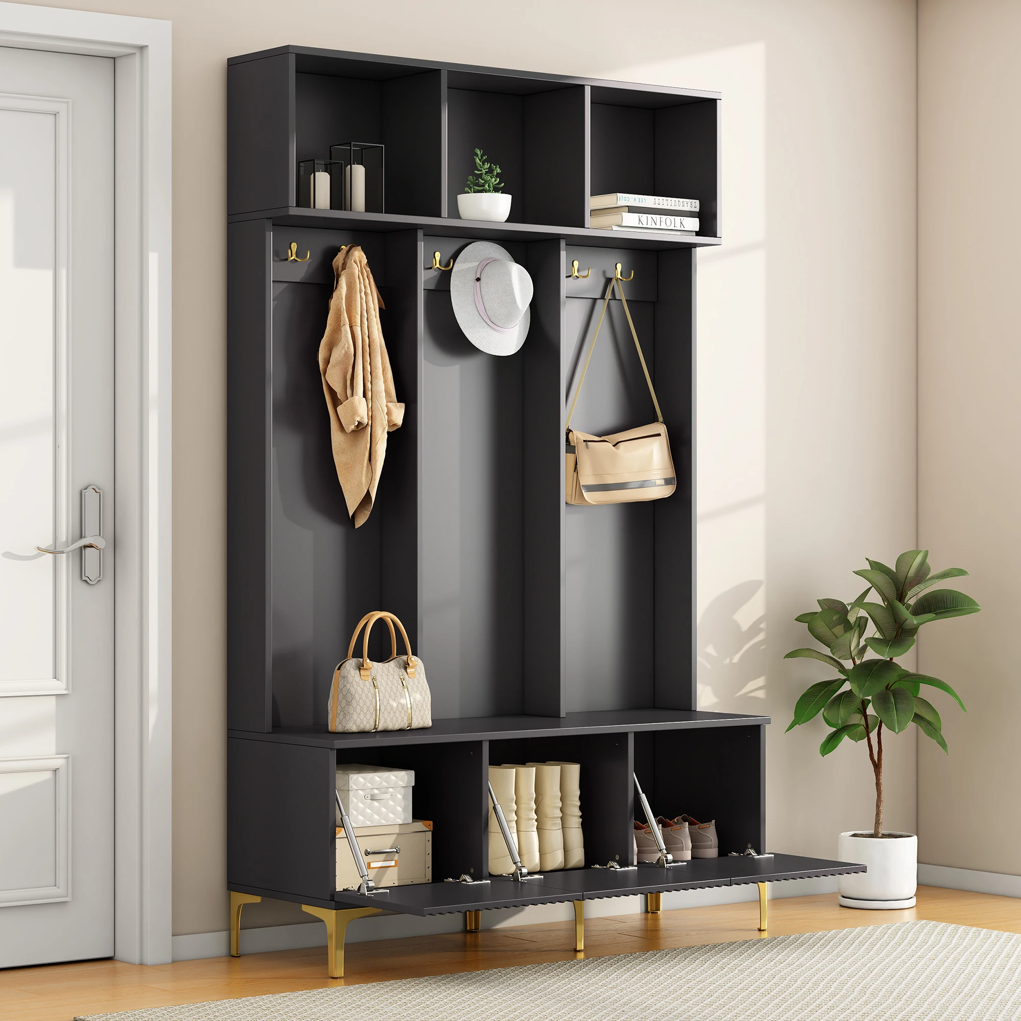 PINGGO Garderoben-Set, Bank, multifunktionale Aufbewahrungsbank, offene Aufbewahrung, 6 goldene Hakenfüße für Flur, Wohnzimmer, Wohnmöbel – Detail 1