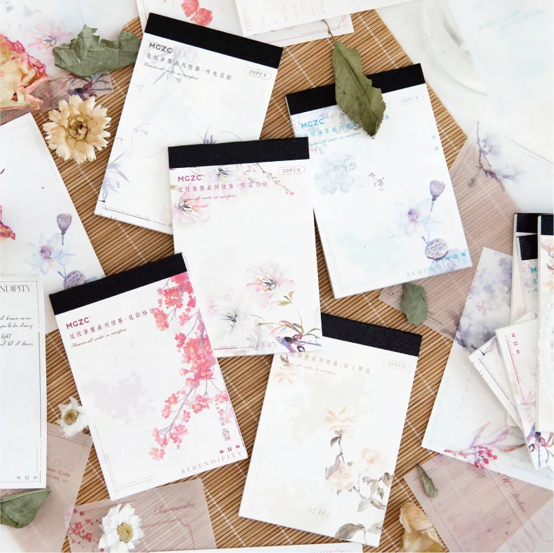 

20sets/lot Memo Pads Material Paper Flowering Branch Pen and Ink Junk Journal Scrapbooking Cards Retro Background Decoration