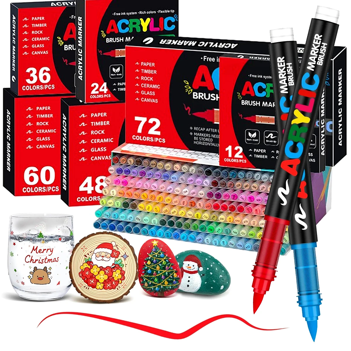 72 Farben Acrylfarben Stifte Marker Set, Pinselspitze Farbmarker für Felsmalerei Holz Leinwand Stein, Weihnachtsgeschenk DIY Handwerk