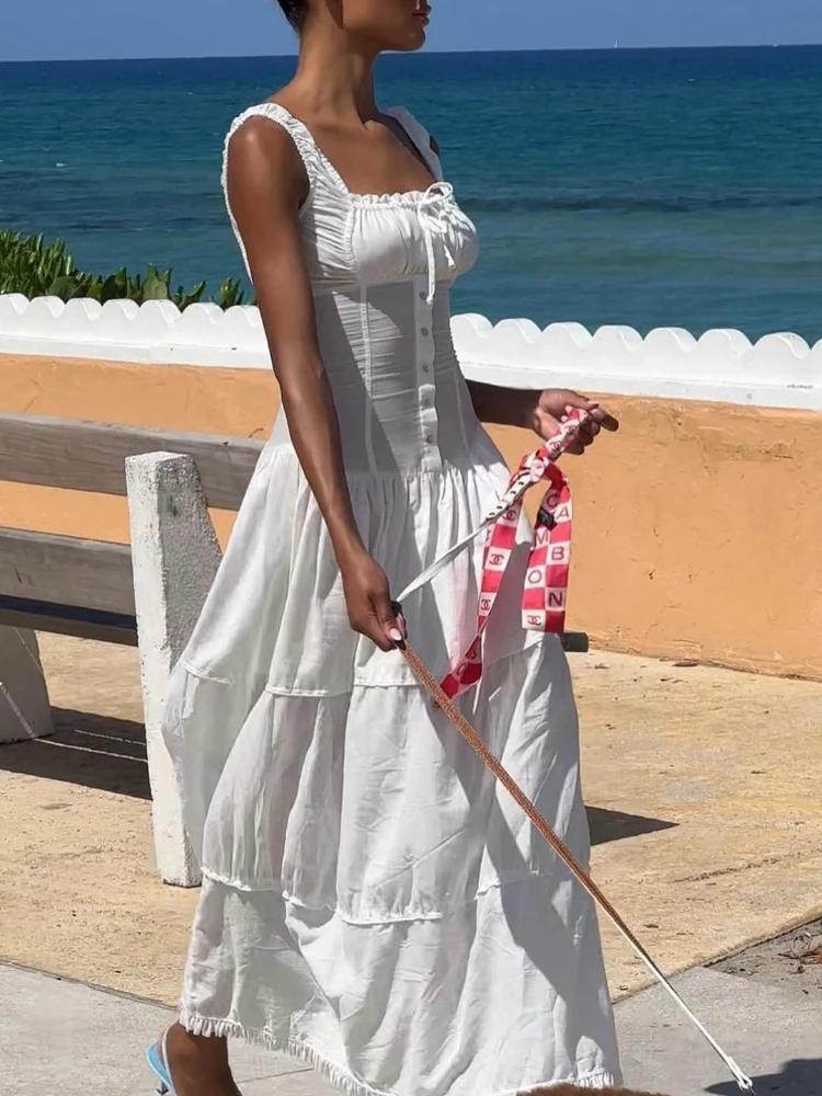 

2023 Простое Элегантное белое платье-макси с квадратным вырезом, летние облегающие платья без рукавов со шнуровкой, пляжная одежда во французском стиле, повседневные платья